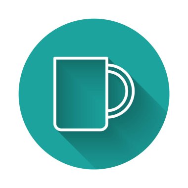 Beyaz çizgi kahve fincanı ikonu uzun gölgeli. Çay fincanı. Sıcak içecek kahvesi. Yeşil daire düğmesi. Vektör İllüstrasyonu.