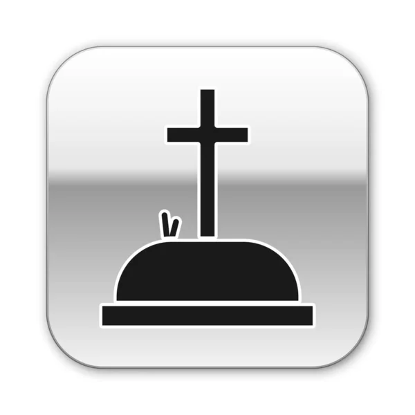 Чорний Надгробок Хрестом Ізольованим Білому Тлі Могила Ікона Срібна Квадратна — стоковий вектор