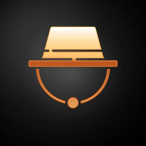 Gold Camping Klobouk Ikona Izolované Černém Pozadí Beach Hat Panama — Stockový vektor