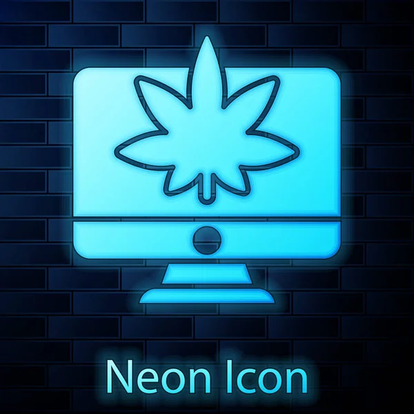 Glödande Neon Datorskärm Och Medicinsk Marijuana Eller Cannabis Blad Ikon — Stock vektor