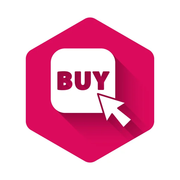 White Buy Button Icon Isolated Long Shadow Pink Hexagon Button — Stock Vector