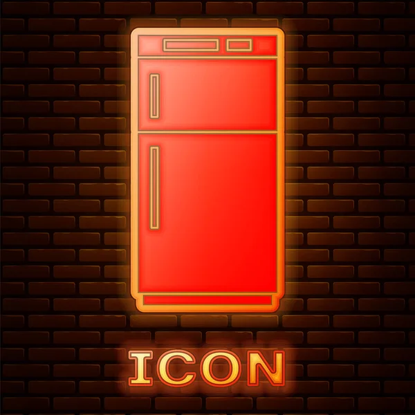 Иконка Светящегося Неонового Холодильника Изолирована Фоне Кирпичной Стены Холодильник Морозильник — стоковый вектор