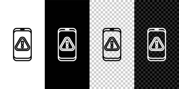 Setzen Sie Linie Mobiltelefon Mit Ausrufezeichen Symbol Isoliert Auf Schwarz — Stockvektor