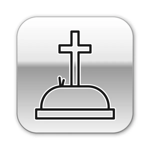 Schwarze Linie Grabstein Mit Kreuz Symbol Isoliert Auf Weißem Hintergrund — Stockvektor