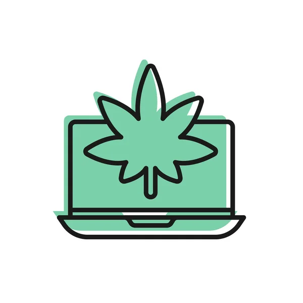 Black Line Laptop Marihuana Medicinal Icono Hoja Cannabis Aislado Sobre — Archivo Imágenes Vectoriales