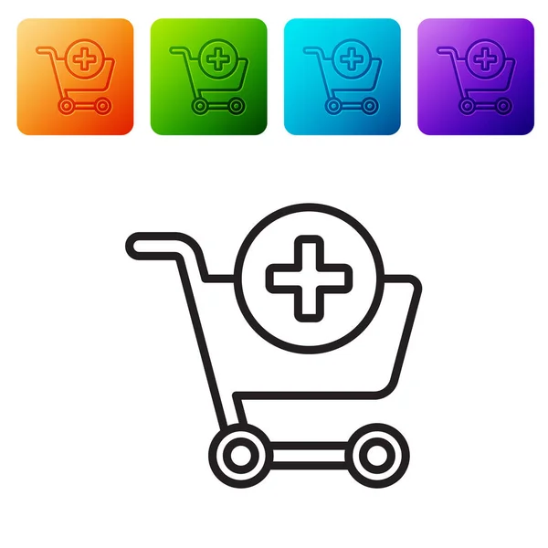 黑线添加到购物车图标隔离在白色背景 网上购物的概念 送货服务标志 超级市场篮子的象征 在彩色正方形按钮中设置图标 病媒图解 — 图库矢量图片