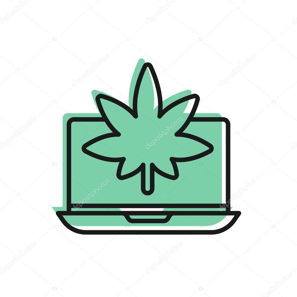 Black line Laptop and medical marijuana or cannabis leaf icon isolated on white background. Online buying symbol. Supermarket basket.  Vector Illustration.