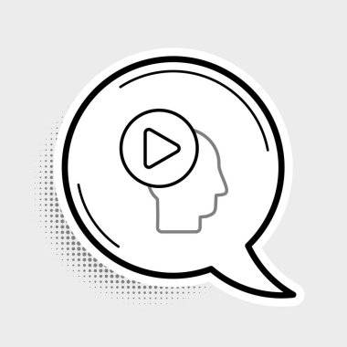 Çalma düğmesi simgesine sahip Çizgi Başı insanları gri arkaplanda izole edildi. Renkli taslak konsepti. Vektör.