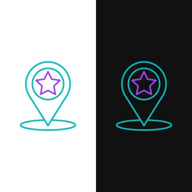 Beyaz ve siyah arkaplanda izole edilmiş yıldız simgesine sahip çizgi haritası işaretçisi. Yıldız favori iğne haritası simgesi. Harita işaretleyicileri. Renkli taslak konsepti. Vektör.