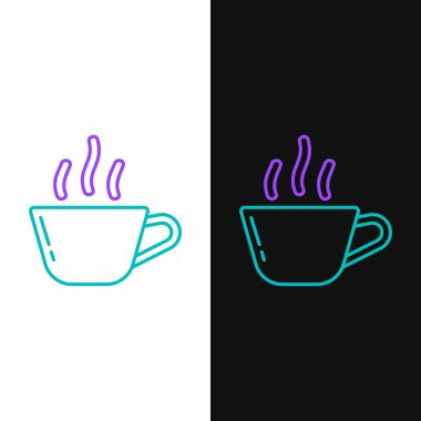 Çizgili kahve fincanı simgesi beyaz ve siyah arkaplanda izole edilmiş. Çay fincanı. Sıcak içecek kahvesi. Renkli taslak konsepti. Vektör.