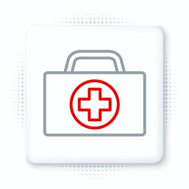 İlk yardım çantası simgesi beyaz arkaplanda izole edildi. Haçlı sağlık kutusu. Acil durumlar için tıbbi ekipman. Sağlık sigortası konsepti. Renkli taslak konsepti. Vektör.