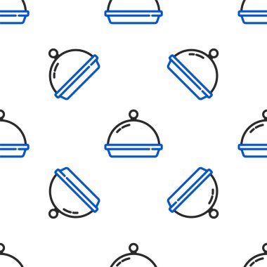 Beyaz arka planda izole edilmiş yemek ikonu tepsisiyle kaplı bir hat. Tepsi ve kapak. Kapaklı bir restoran saati. Mutfak eşyaları sembolü. Renkli taslak konsepti. Vektör.