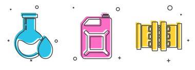 Petrol test tüpünü, benzin ve endüstriyel metalik borular için teneke kutuyu ve kapakçık ikonunu ayarla. Vektör.