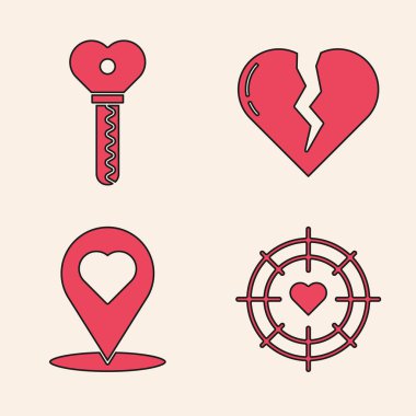 Dartların ortasına Kalp 'i yerleştir hedef al, anahtar kalp şeklinde, kırık kalp ya da boşanma ve kalp ikonlu harita işaretleyicisi. Vektör.