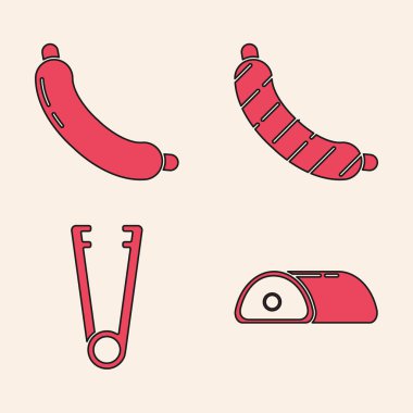 Set Et, Sosis, Sosis ve Et maşası ikonu. Vektör.