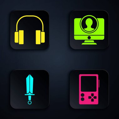 Taşınabilir oyun konsolu, Kulaklıklar, Oyun için Kılıç ve Hesap Ekranı Oluştur. Siyah kare düğme. Vektör.