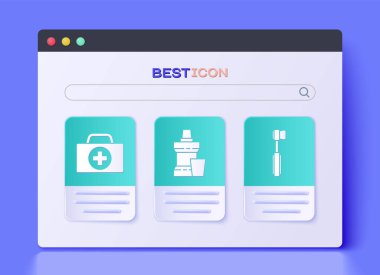 Ağız gargarası plastik şişesi, ilk yardım çantası ve diş fırçası ikonu hazırla. Vektör.