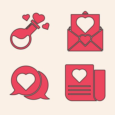 Zarfı sevgililer günü kalbiyle, şişeyi aşk iksiriyle, Zarfı sevgililer günü kalbi ve kalbi konuşma baloncuğu ikonuyla hazırla. Vektör.