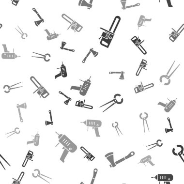 Elektrikli testereyi, tahta baltayı, kıskacı, penseyi ve elektrikli matkap makinesini kusursuz desene ayarlayın. Vektör.