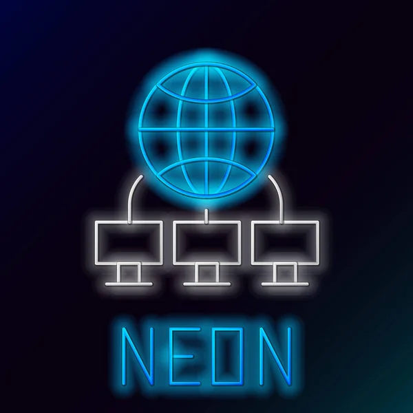Linea Neon Incandescente Icona Rete Del Computer Isolata Sfondo Nero — Vettoriale Stock