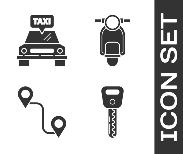 Establecer Llave Del Coche Coche Taxi Ubicación Ruta Icono Vespa — Vector de stock