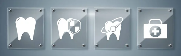 Комплект Первой Помощи Концепция Отбеливания Зубов Стоматологическая Защита Зуб Квадратные — стоковый вектор