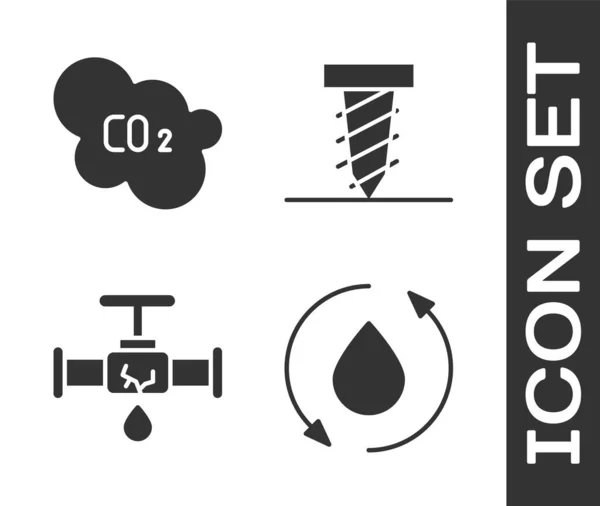 油滴を設定し 雲の中にCo2排出量 漏水のある壊れたパイプと穴のアイコンを掘る回転ドリル ベクトル — ストックベクタ