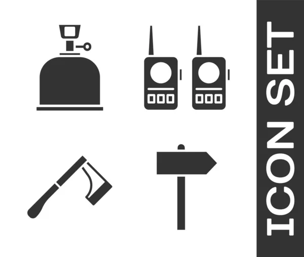 Wegweiser Camping Gaskocher Holzbeil Und Walkie Talkie Symbol Vektor — Stockvektor