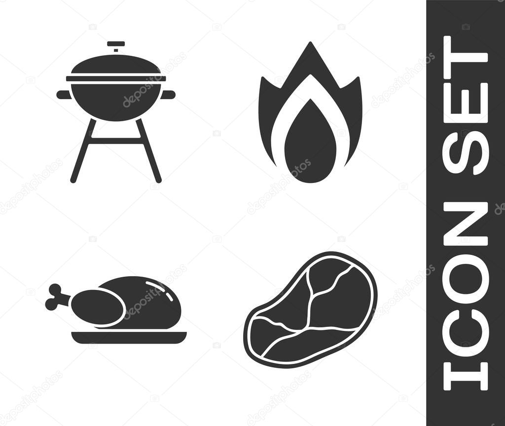 Set Steak meat, Barbecue grill, Roasted turkey or chicken and Fire flame icon. Vector.