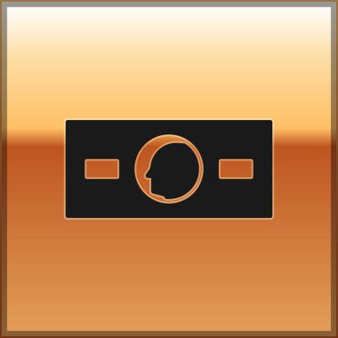 Siyah kağıt para nakit ikonu altın arka planda izole. Para desteleri. Para birimi. Vektör İllüstrasyonu.