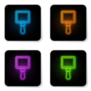 Parlayan neon el ayna ikonu beyaz arkaplanda izole edildi. Siyah kare düğme. Vektör İllüstrasyonu.