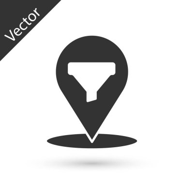 Beyaz arka planda izole edilmiş satış hunisi simgesine sahip gri konum. Bilgi şablonu. Vektör İllüstrasyonu.