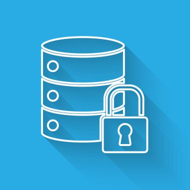 Kapalı asma kilit simgesine sahip beyaz çizgi sunucusu güvenliği uzun gölgeli izole edildi. Güvenlik, güvenlik, koruma kavramı. Vektör İllüstrasyonu.