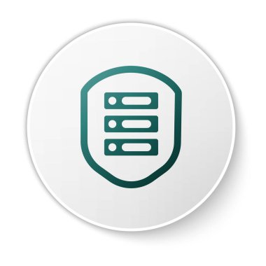 Beyaz arkaplanda izole edilmiş kalkan simgesine sahip Yeşil Sunucu. Saldırılara karşı koruma. Ağ güvenlik duvarı, yönlendirici, anahtar, veri. Beyaz daire düğmesi. Vektör İllüstrasyonu.