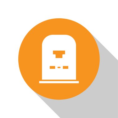 Üzerinde Rip yazılı Beyaz Tombstone simgesi beyaz arkaplanda izole. Mezar ikonu. Turuncu daire düğmesi. Vektör İllüstrasyonu.