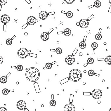 Siyah çizgi büyüteç ve tıbbi marihuana ya da kenevir yaprağı ikonu beyaz arka planda izole edilmiş pürüzsüz desen. Kenevir sembolü. Vektör İllüstrasyonu.