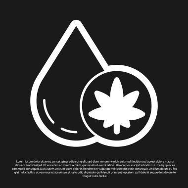 Siyah arkaplanda siyah tıbbi marihuana ya da kenevir yaprağı zeytinyağı damlası ikonu var. Esrar özütü. Kenevir sembolü. Vektör İllüstrasyonu.