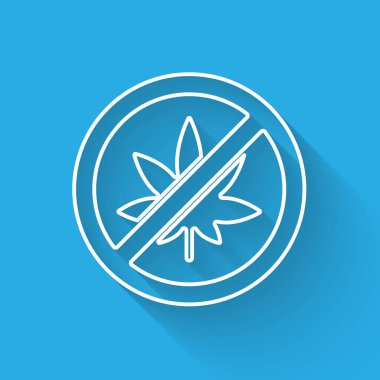 Beyaz çizgi Marihuana veya kenevir yaprağı ikonunu uzun gölgelerle izole edin. Marihuana içmek yok. Kenevir sembolü. Vektör İllüstrasyonu.
