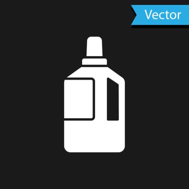 Beyaz Kumaş yumuşatıcı simgesi siyah arkaplanda izole edildi. Sıvı çamaşır deterjanı, saç kremi, temizlik maddesi, çamaşır suyu. Vektör İllüstrasyonu.