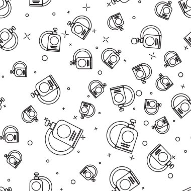 Siyah çizgi yıkama sıvısı şişesi ve plaka ikonu beyaz arka planda izole edilmiş pürüzsüz desen. Bulaşık yıkamak için sıvı deterjan. Vektör İllüstrasyonu.