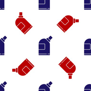 Çamaşır deterjanı, çamaşır suyu, bulaşık deterjanı ya da beyaz arka planda izole edilmiş başka bir temizlik maddesi ikonu için mavi ve kırmızı plastik şişeler. Vektör İllüstrasyonu.