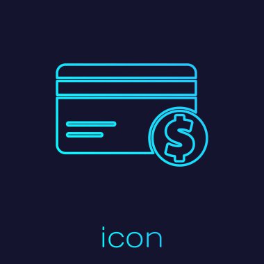 Turkuaz hat kredi kartı ve dolar sembolü mavi arka planda izole edilmiş. Çevrimiçi ödeme. Nakit çekilmesi. Finansal operasyonlar. Vektör İllüstrasyonu.