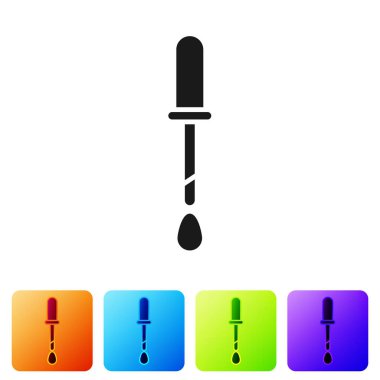 Siyah Pipette simgesi beyaz arkaplanda izole edildi. Tıbbi elementler, kimya laboratuarı ekipmanları. Damlalı boru. Tıp sembolü. Renkli kare düğmelerle simgeleri ayarla. Vektör İllüstrasyonu.
