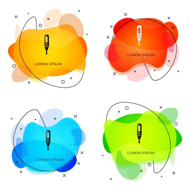 Tıbbi inceleme ikonu için siyah medikal termometre beyaz arka planda izole edildi. Sıvı şekilli soyut pankart. Vektör İllüstrasyonu.