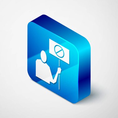 Gri arkaplanda Isometric Nature kaydetme protesto simgesi izole edildi. Dünya gezegeni koruması, çevre sorunları gösterisi. Mavi kare düğme. Vektör İllüstrasyonu.