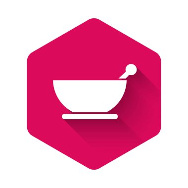 White Mortar and pestle icon isolated with long shadow. Pink hexagon button. Vector Illustration.