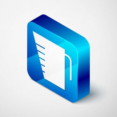 Gri arkaplanda izole edilmiş kuru ve sıvı yiyecek ikonunu ölçmek için Isometric Ölçme kabı. Plastik şişenin sapı var. Mavi kare düğme. Vektör İllüstrasyonu.