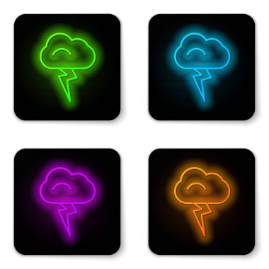 Parlayan neon hattı Storm simgesi beyaz arkaplanda izole edildi. Bulut ve şimşek işareti. Fırtınanın hava durumu ikonu. Siyah kare düğme. Vektör İllüstrasyonu.