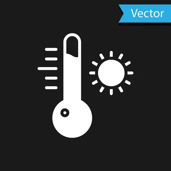 白い気象温度計は 黒い背景に隔離されたアイコンを測定します 高温または低温を示す温度計機器 ベクターイラスト — ストックベクタ