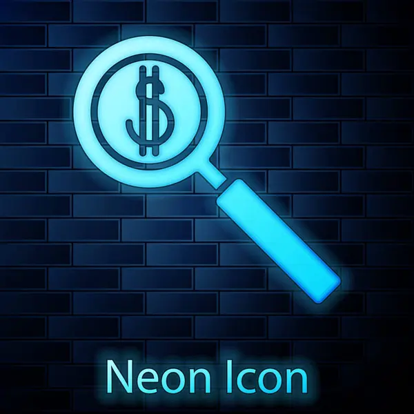 Lumineux Néon Verre Grossissant Icône Symbole Dollar Isolé Sur Fond — Image vectorielle